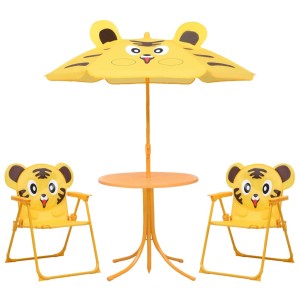 Gelbes 3-tlg. Garten-Bistro-Set für Kinder mit Tiger-Motiv: Tisch, 2 Stühle und Sonnenschirm.