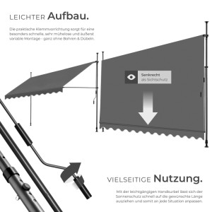 Tectake Klemmmarkise Mit Handkurbel  Ohne Bohren  Uv Beständig Höhenverstellbar 211   304 cm 400 x 180 cm 180 x 400 x 304 cm Schwarz Grau
