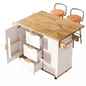 Weißer Küchenwagen mit Holzoptik-Arbeitsplatte, ausziehbarer Fläche, Schubladen, Schrank und Rollen. Mobile Kücheninsel.