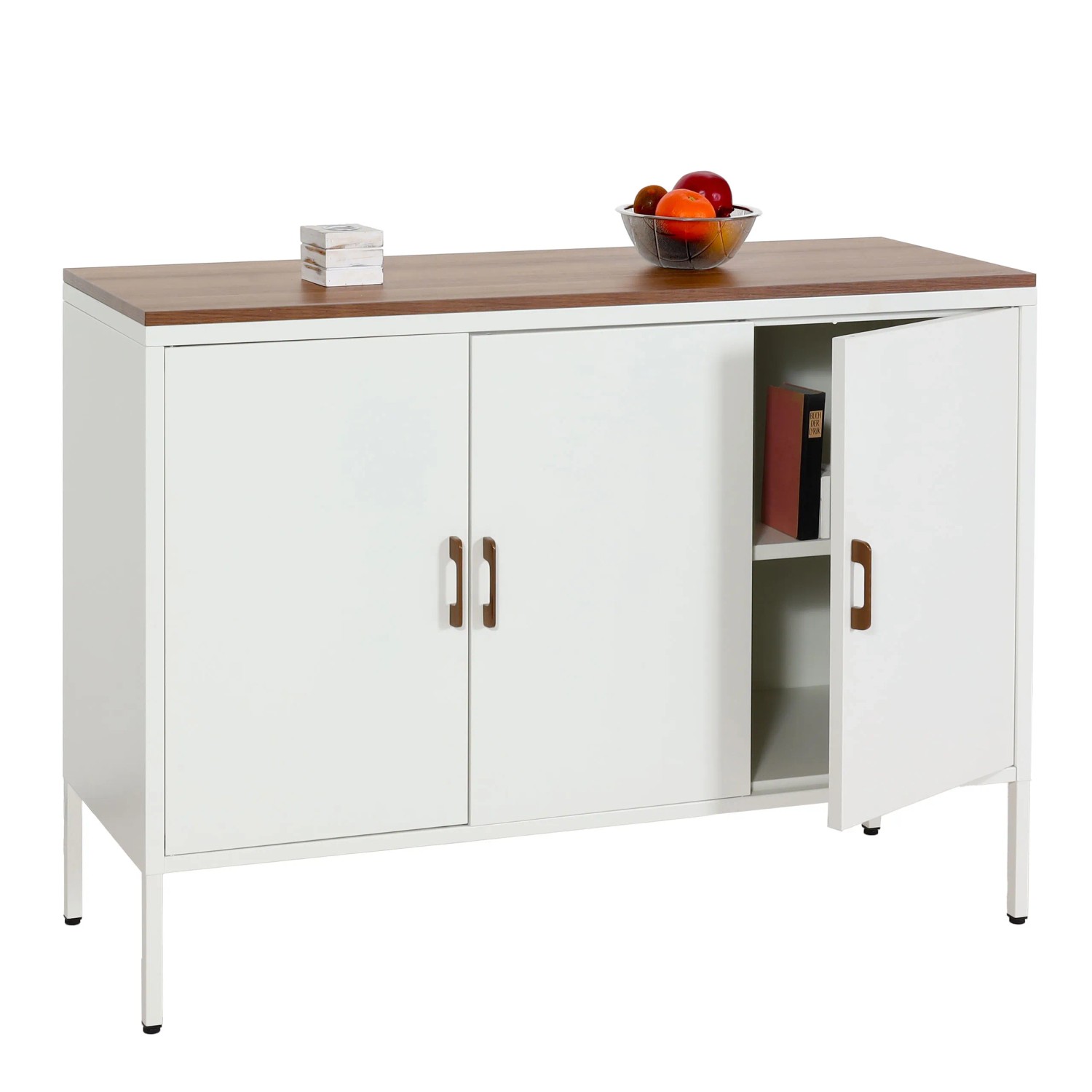 Weiße MCW Kommode L84-3 mit drei Türen, Holzplatte und Metallgriffen. Schubladenkommode mit Stauraum.