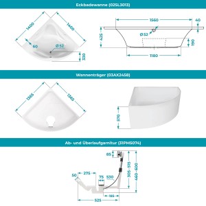 Calmwaters Eckbadewanne 140x140cm Set mit Wannenträger und Ablaufgarnitur, technische Zeichnung.