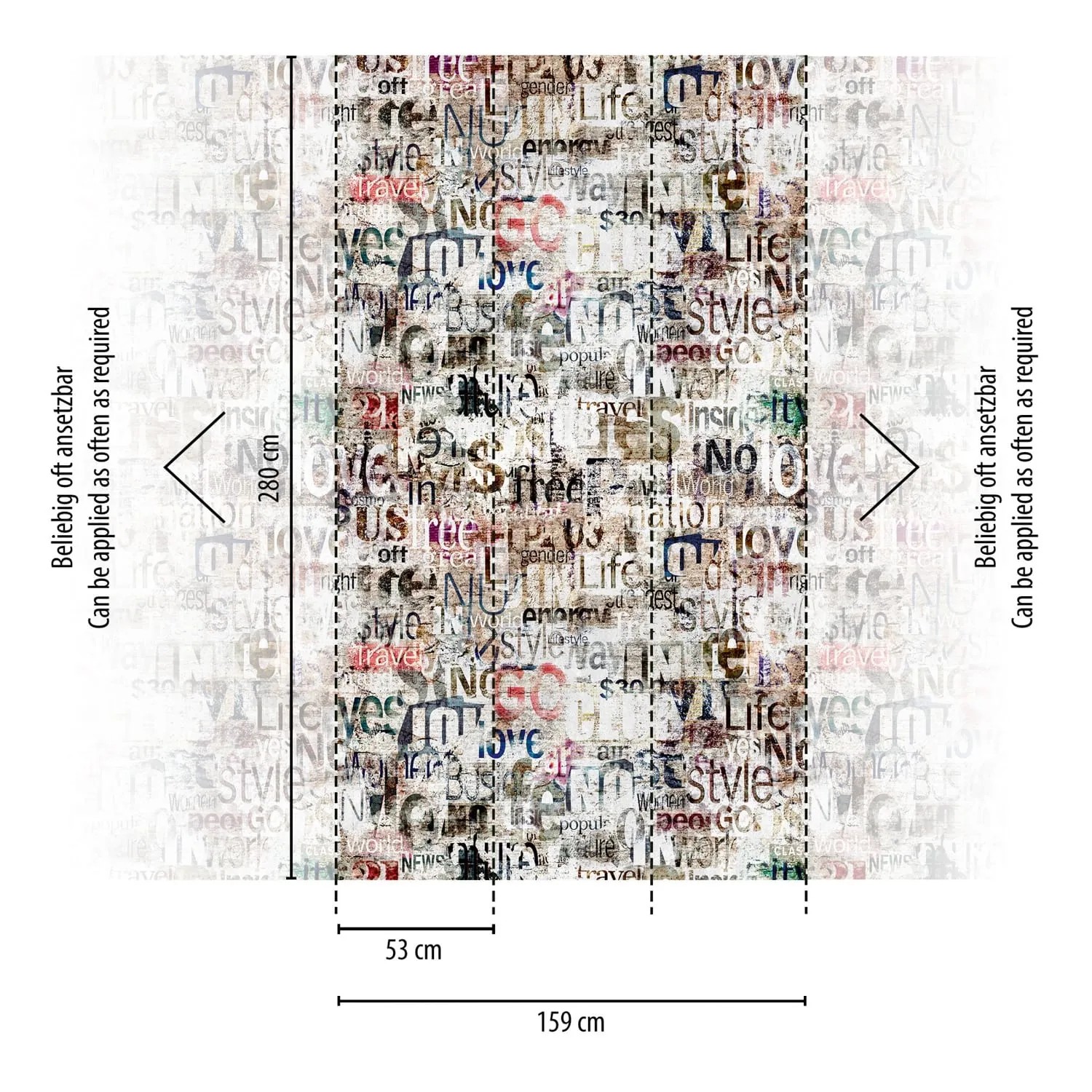 Fototapete Profhome mit grafischem Muster in Grau, Beige, Rot und Blau. Vliestapete mit Used-Look.