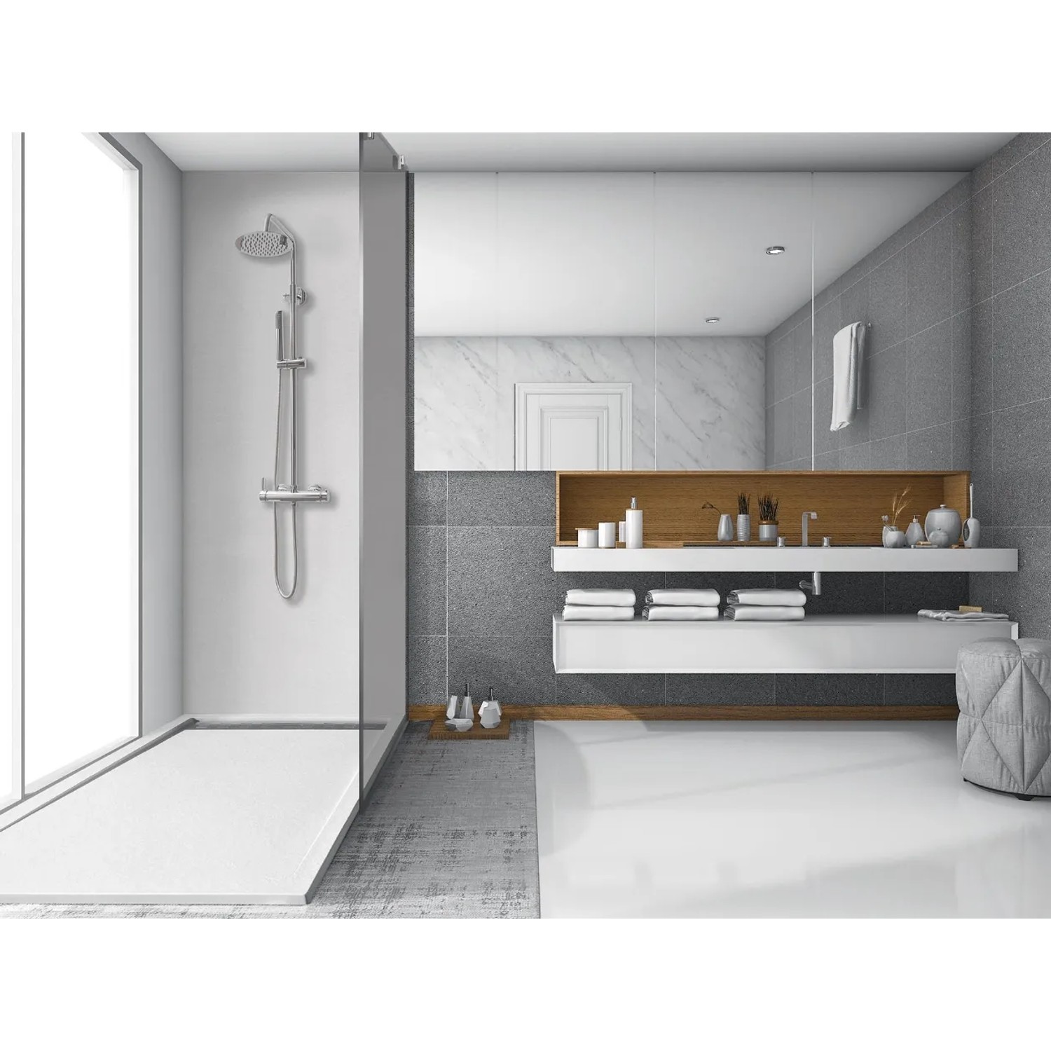 Frascio Duschwanne 80x175 cm, grau, mit Seitengitter. Rechteckige, flache Dusche mit Steinoptik.