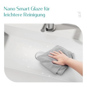 Reinigung eines weißen, eckigen Emke Handwaschbeckens mit Hahnloch und einem grauen Tuch.