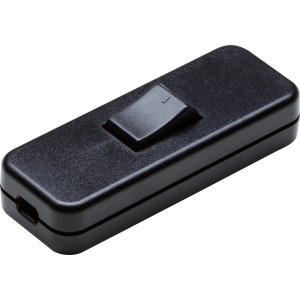 Schwarzer Schnurzwischenschalter (10 A) für Lampen, Detailaufnahme.