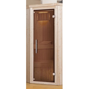 Weka Ganzglastür in Graphit-Optik für Sauna, mit Edelstahlgriff und Holzrahmen.