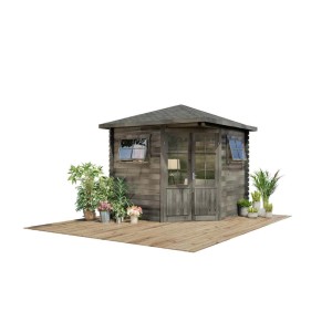 Graues 5-Eck Gartenhaus Sunny-B 250x250 cm aus imprägniertem Holz mit Doppeltür und Fenstern.