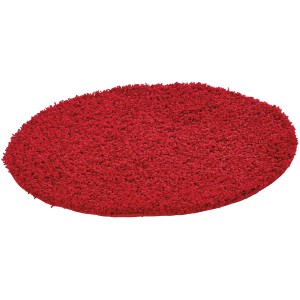 Roter, runder Hochflorteppich Frisbee mit 67 cm Durchmesser.