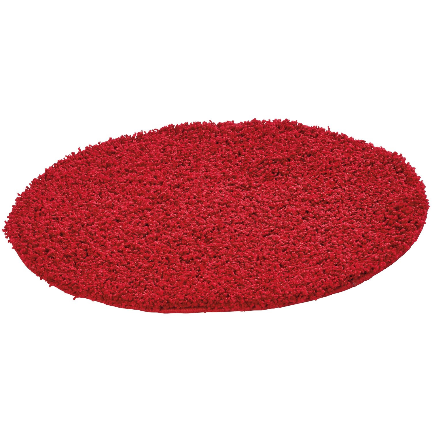 Roter, runder Hochflorteppich Frisbee mit 67 cm Durchmesser.