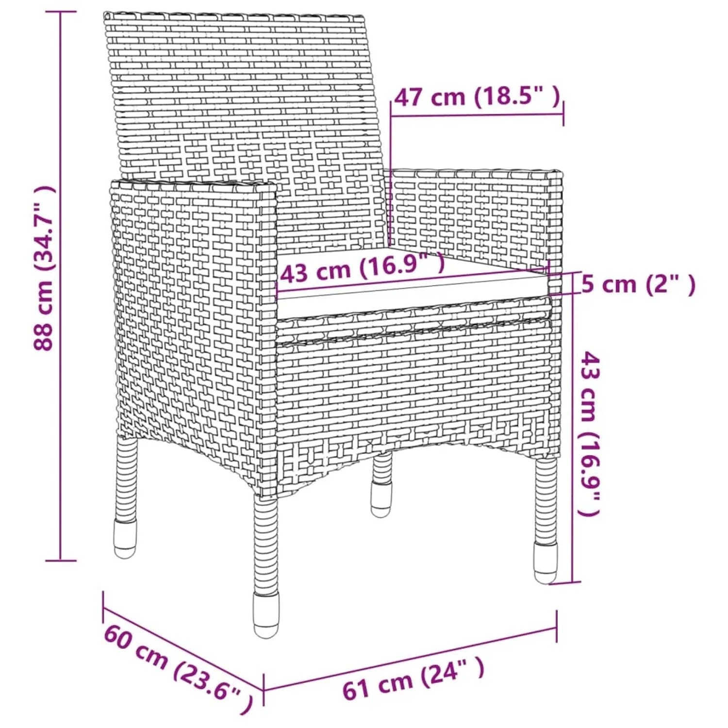 Abbildung der Maße des vidaXL Gartenstuhls aus Poly Rattan mit Sitzkissen.