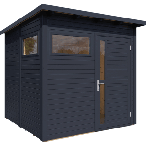 Anthrazitfarbenes Bertilo Holz-Gartenhaus Pentus 2 mit Fenster und Tür.