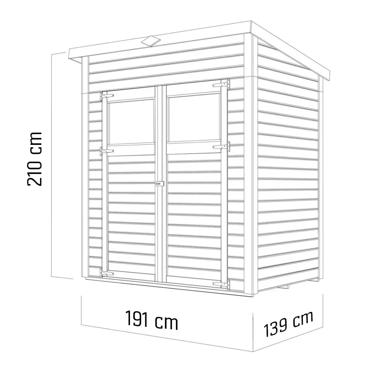 Illustration: Gartenhaus Amrum 1 aus Holz, 120x180 cm, mit Doppeltür und Maßangaben.