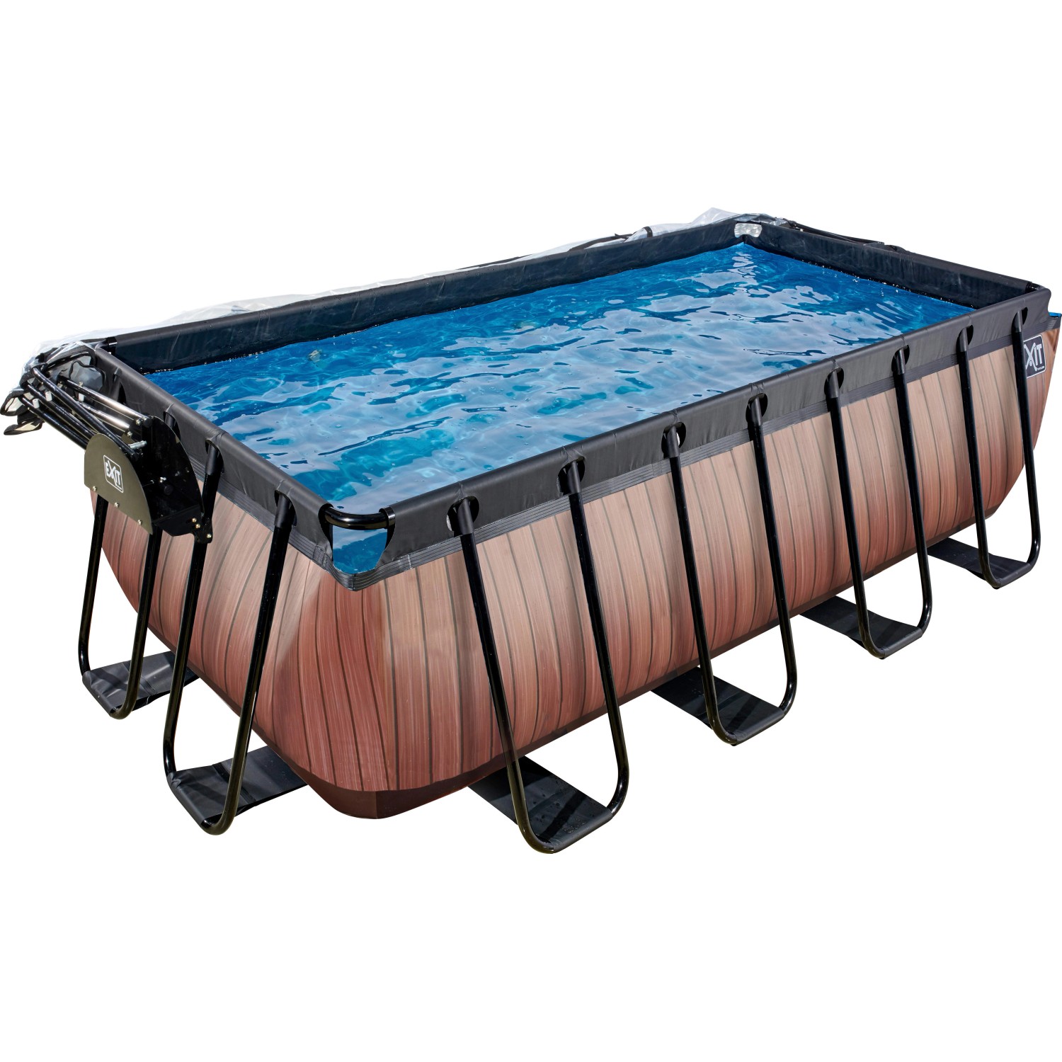 Rechteckiger EXIT Wood Pool 400x200x122 cm mit Holzoptik, Abdeckung und schwarzem Stahlrahmen.