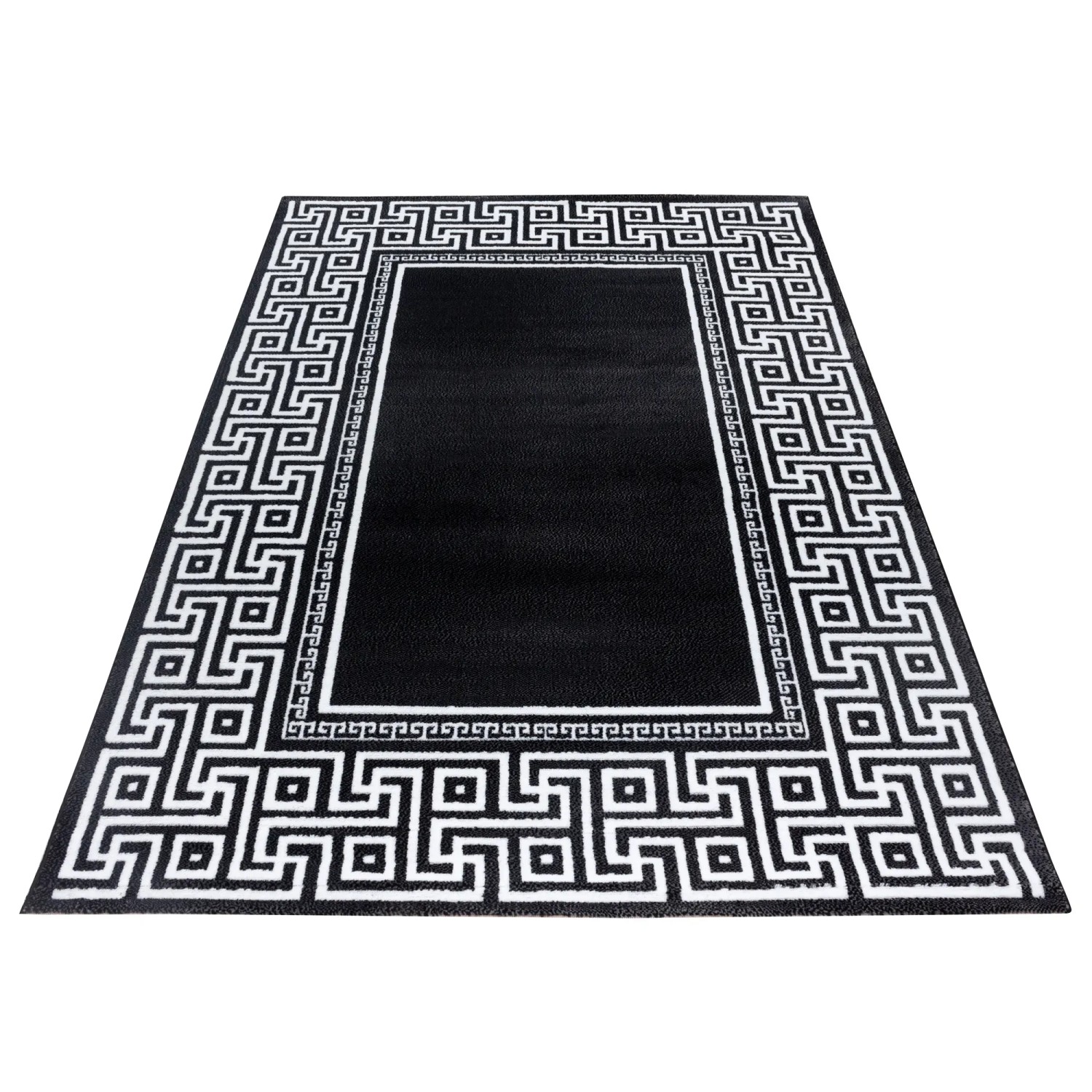 Schwarzer Ayyildiz Kurzflorteppich Parma mit weißem, geometrischem Muster, 140x200 cm.