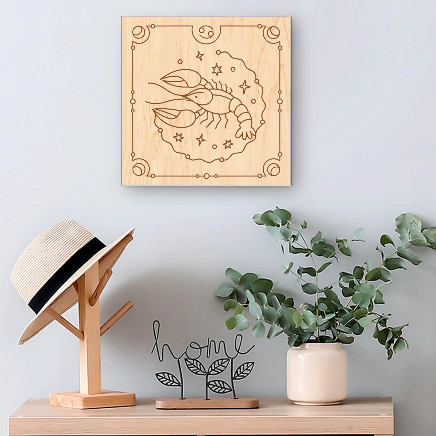 Banjado Schlüsselbox aus Holz, 30x30cm, weiß, mit Astrologie Krebs Design und 50 Haken.