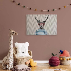 Wandbild: Hirsch mit Brille auf Zickzackmuster, Leinwandbild für Wohn- und Kinderzimmer.