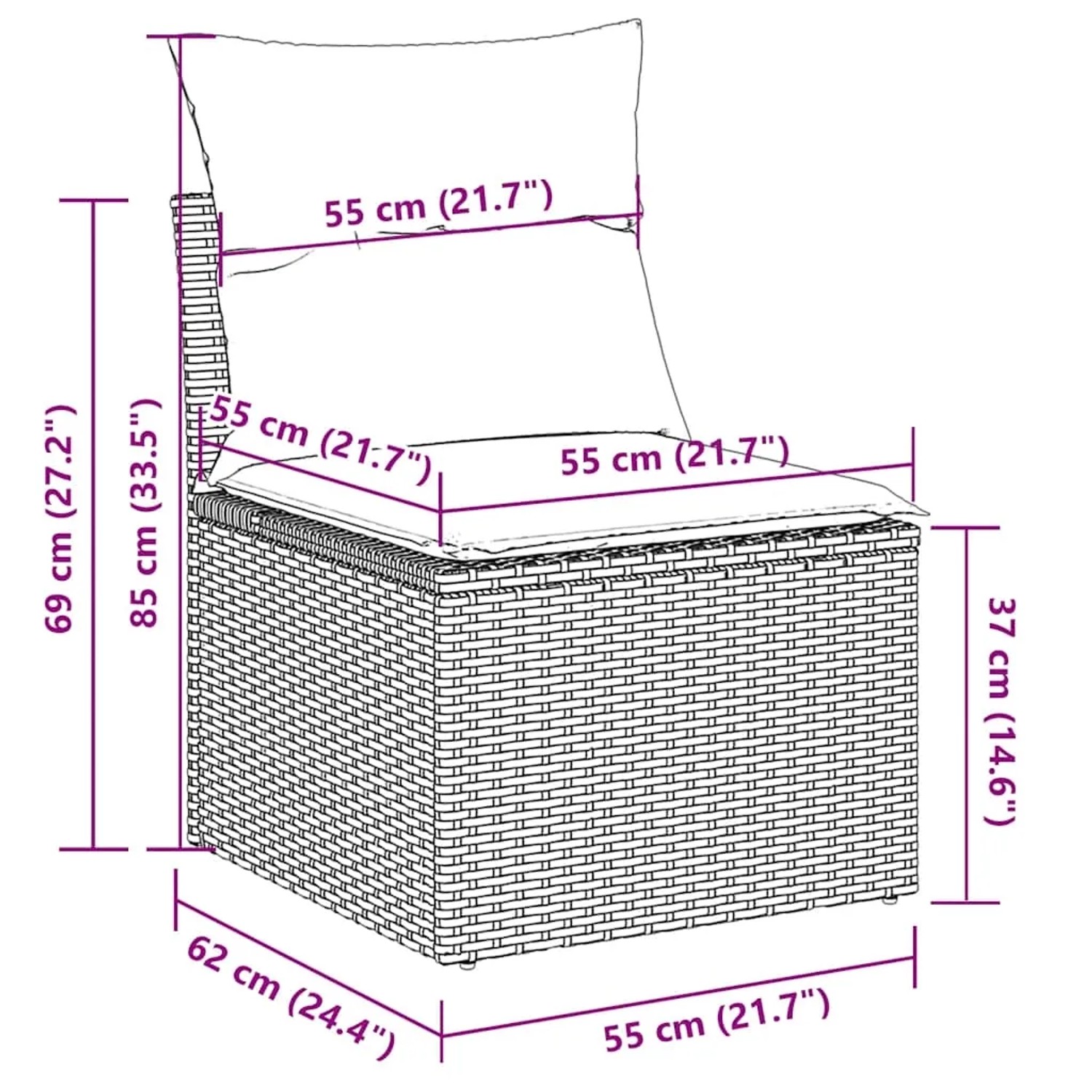 Maße des vidaXL Gartensofas aus Rattan mit Kissen, Teil der 7-tlg. Garten-Sofagarnitur in Beige.