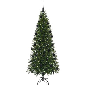 Grüner vidaXL künstlicher Weihnachtsbaum, 210 cm, mit warmweißen LEDs, schwarzen Kugeln und Spitze auf Ständer.