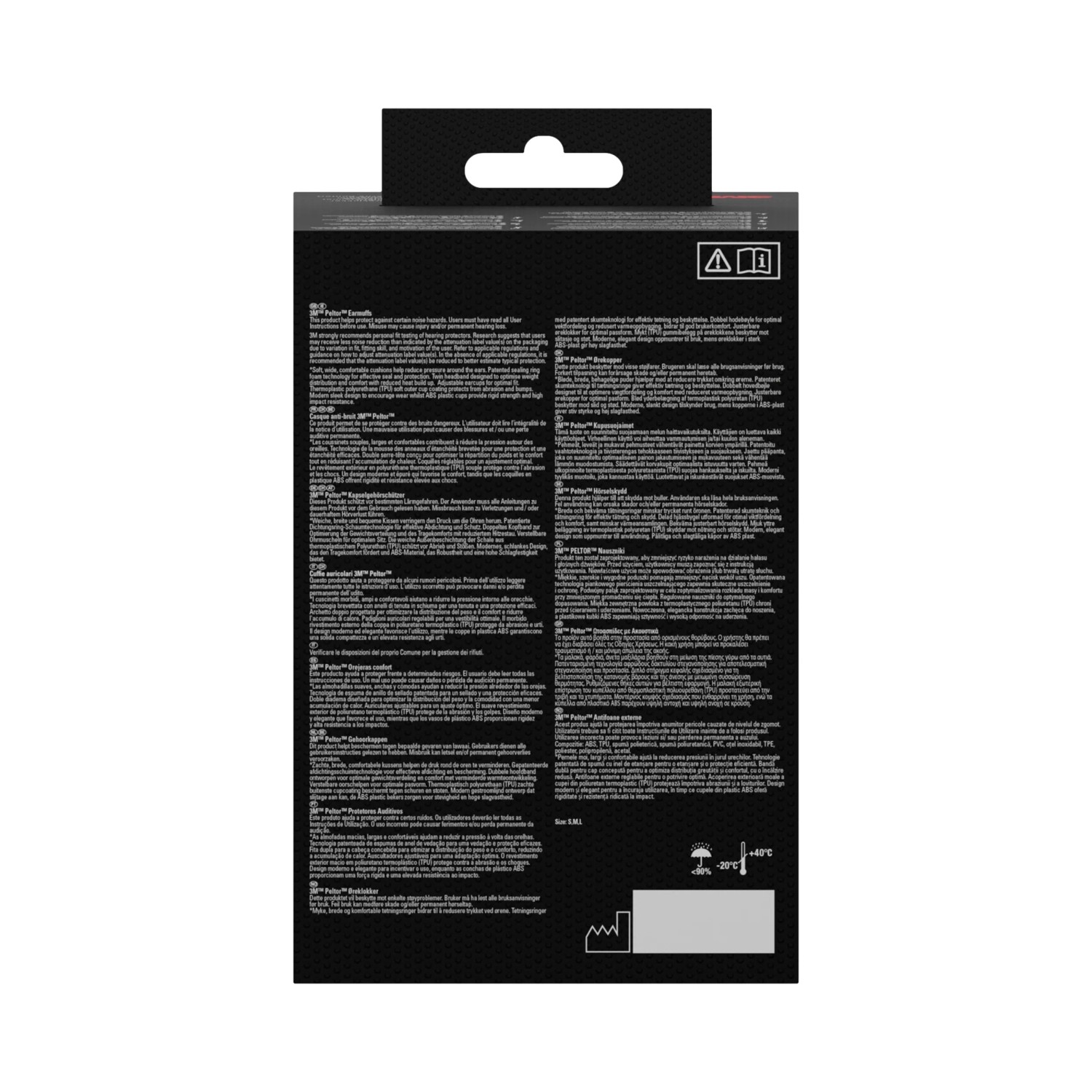 Verpackung des 3M Peltor X3A Kapselgehörschutzes mit Produktinformationen.
