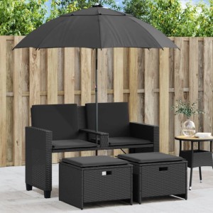 Schwarzes 2-Sitzer Gartensofa mit Sonnenschirm und Hockern aus Polyrattan von vidaXL.