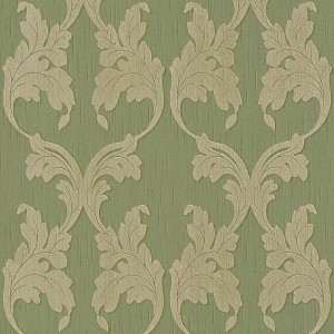 Grüne Textiltapete mit beigen Blättern im Gründerzeitstil für Wohn- und Esszimmer.