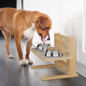 Relaxdays Futterstation für Hunde Bambus Natur Höhenverstellbar 37 cm x 55 cm x 36 cm