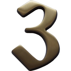 Bronzefarbene Hausnummer 3 aus Messing für die Wandmontage.