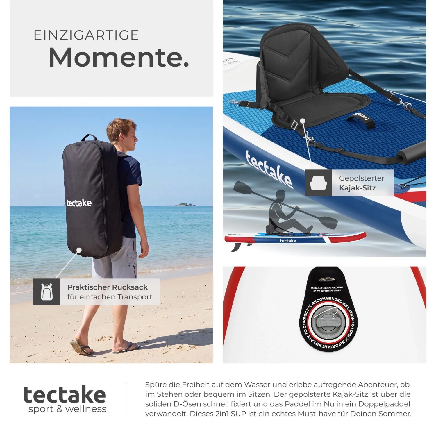 Aufblasbares Tectake SUP Board Poseidon in Rot mit Rucksack und gepolstertem Kajak-Sitz für Wassersport.
