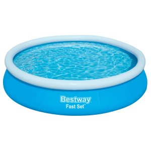 Blauer Bestway Fast Set Aufstellpool, rund, mit weißem Luftring und Wasser gefüllt. Ideal für Badespaß im Garten.