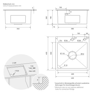 Technische Zeichnung: ML-Design Edelstahl Spülbecken 45x45 cm, eckig, 1 Becken, Maße und Details.