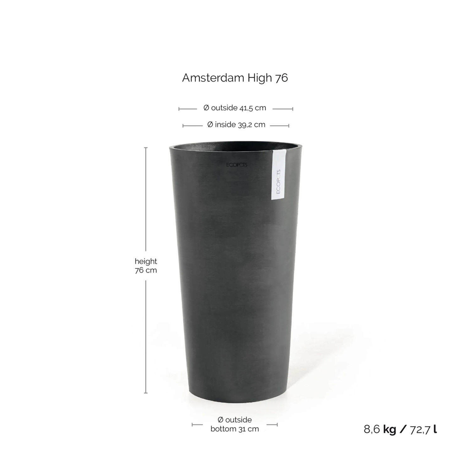 Dunkelgrauer Ecopots Pflanztopf Amsterdam Hoch, 41x76 cm, ideal für Innen- und Außenbereiche.