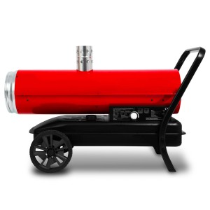 EBERTH indirekte Diesel Heizkanone 50kW mit Abgasrohr, rot, auf Fahrgestell mit Rädern.