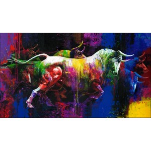 Farbenfrohes Giclée-Wandbild „Colourful Bulls“, 160x90 cm, abstrakte Darstellung von Stieren.