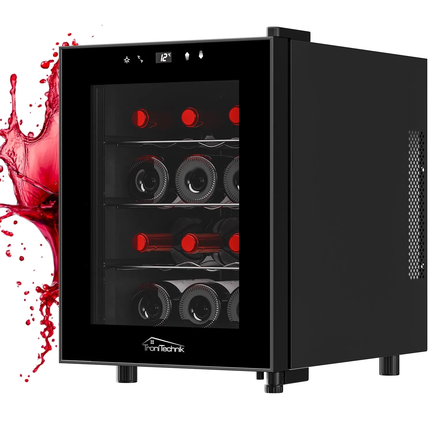 TroniTechnik Weinkühlschrank Bordeaux für 12 Flaschen, Getränkekühlschrank mit Glastür.