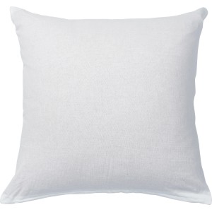 Quadratisches, gefülltes Kissen (40x40 cm) mit dezentem Blumenmuster in Weiß und Grau.