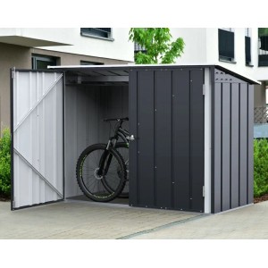 Duramax Fahrradgarage 2x1m aus Metall in Grau mit geöffneter Tür und Fahrrad im Inneren.
