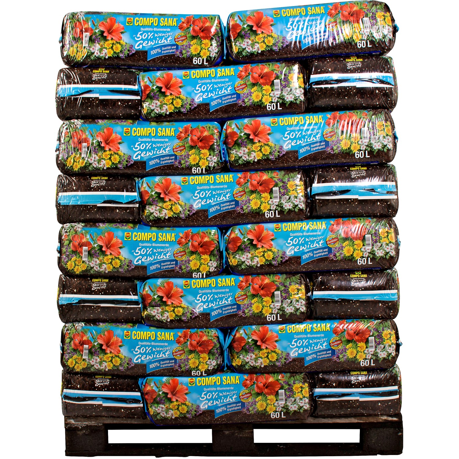 Palette Compo Qualitäts-Blumenerde, 48 Säcke à 60L, Universalerde mit weniger Gewicht.