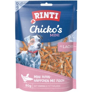 Rinti Chicko Mini Lachs-Häppchen, 80g. Getrocknete Hunde-Natursnacks mit Lachs.