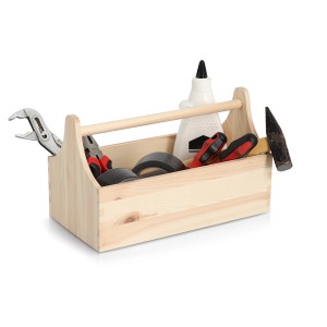 Dekorative Kiefernholz-Kiste (20,5x18x34cm) mit Werkzeugen, ideal zur Aufbewahrung.