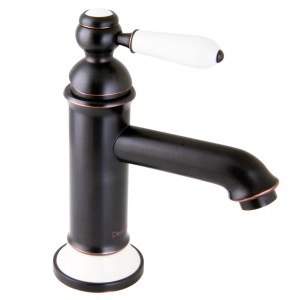 PaulGurkes Waschtischarmatur im Retro-Design, schwarz-kupferfarben mit weißem Griff.