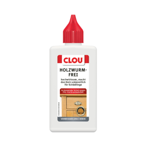 Flasche Clou Holzwurmfrei, 100 ml, farbloses Holzverfestigungsmittel mit roter Dosierspitze.
