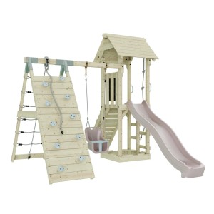 OutdoorToys Spielturm Trondheim mit Babyschaukel in Altrosa, Kletterwand, Rutsche und Schaukel.