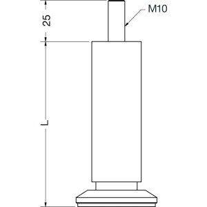 Technische Zeichnung: Runder Aluminium Möbelfuß, Ø 30 mm, L 100 mm, mit M10 Gewinde und Fußteller. Höhenverstellbar.