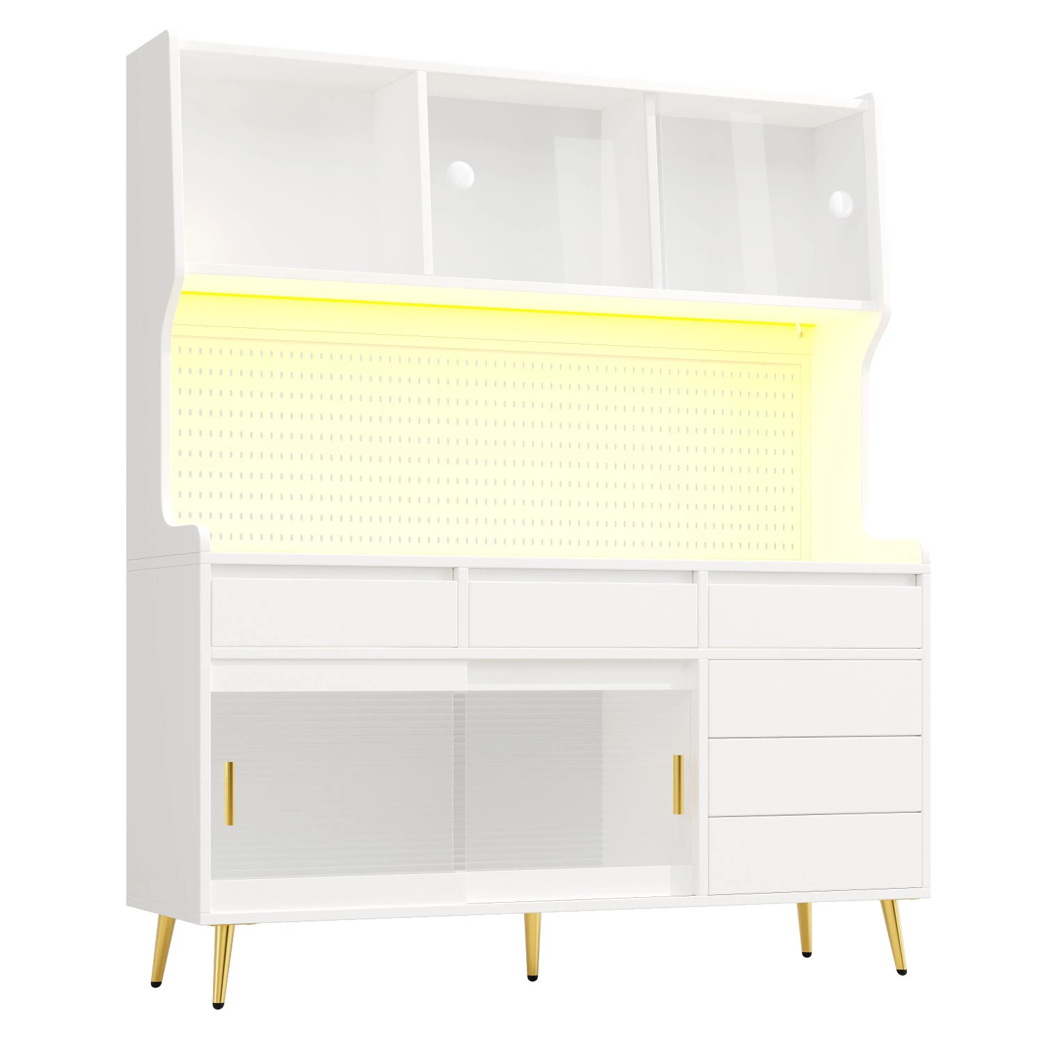 Merax Hochschrank 145x39x171cm  LED  App-Steuerung  Lochwand  Stauraum Weiß