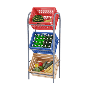 Graues Getränkekistenregal mit 3 Ebenen, bestückt mit Getränken und Lebensmitteln.