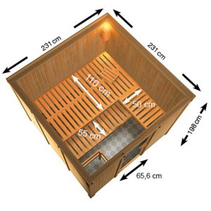 Karibu Sauna Arvika mit Bio-Ofen, bronzierter Glastür und Maßen. Massivholzsauna mit Bänken und Ofen.