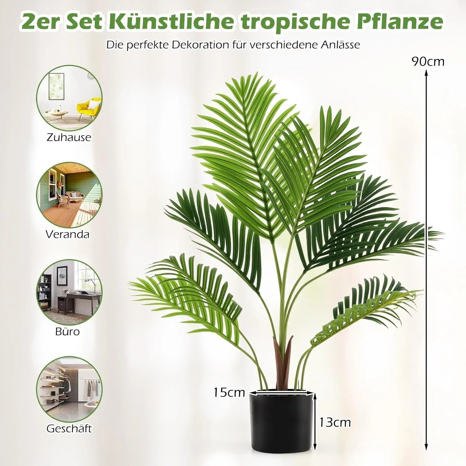 2er Set künstliche Palme, 90cm hoch, mit grünen Blättern und schwarzem Topf. Ideal als Zimmerpflanzen-Deko.