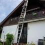 Krause Tribilo Vielzweckleiter (3x9) als Anlegeleiter im Einsatz an Hauswand mit Person.