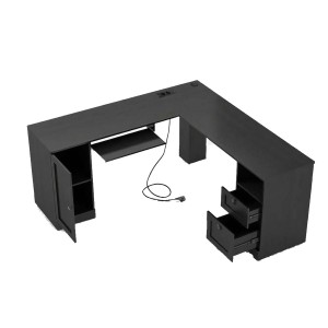 Schwarzer Costway L-Form Schreibtisch mit Ladestation, 168x168x76 cm, Bürotisch mit Schubladen und Ablage.