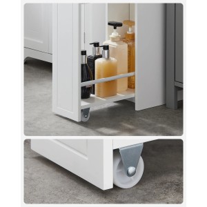Detailaufnahme: Weißer Songmics Badezimmerschrank Siren mit Rollen und Schubladen.